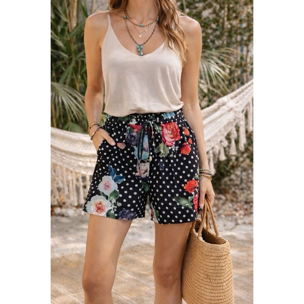 Johnny Was Floral Paperbag Shorts L Boho Polka Dot Cotton Summer